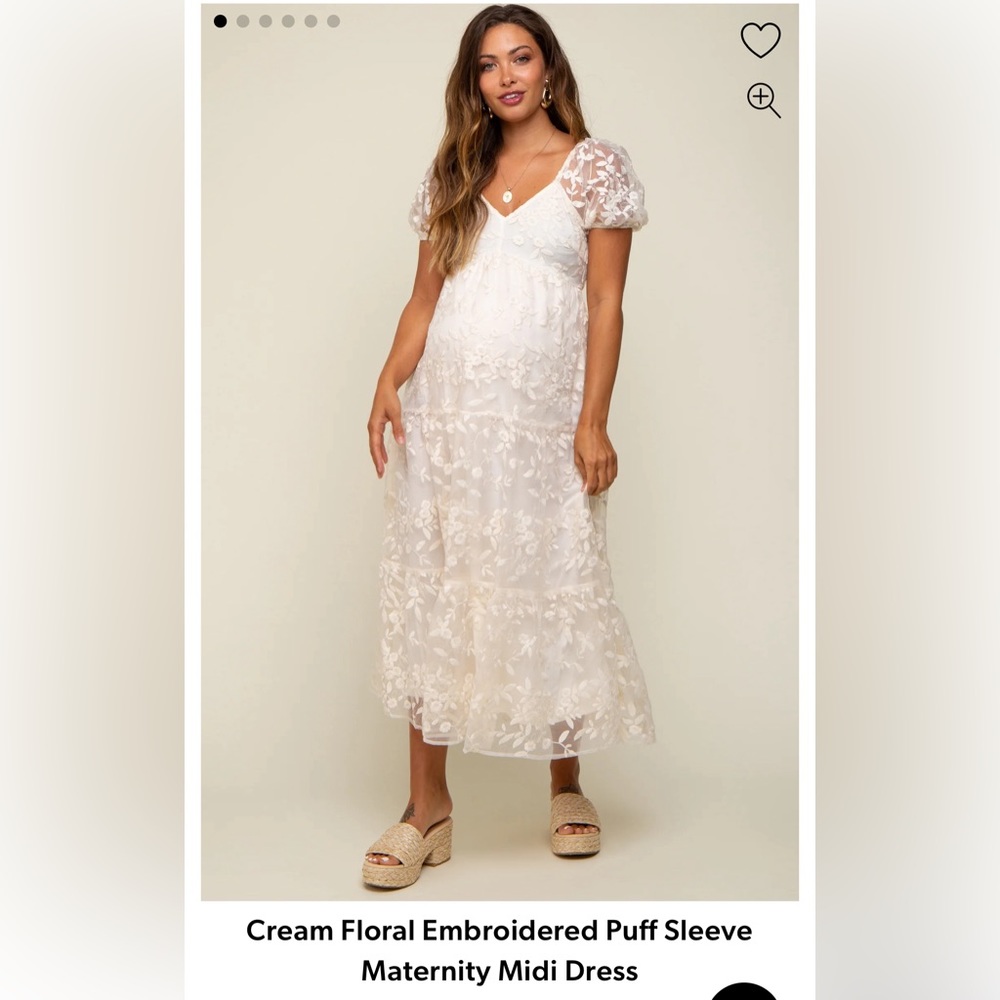 Cream floral embroidered puff sleeve midi maternity